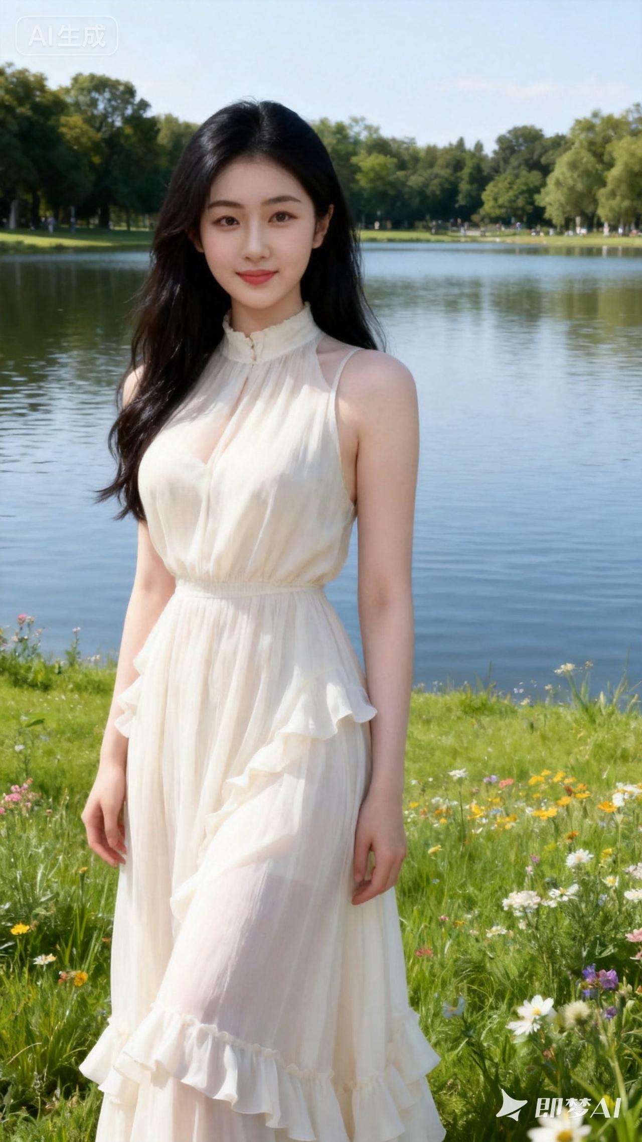 夏日湖畔，优雅白裙，清新自然，宛如画中仙。