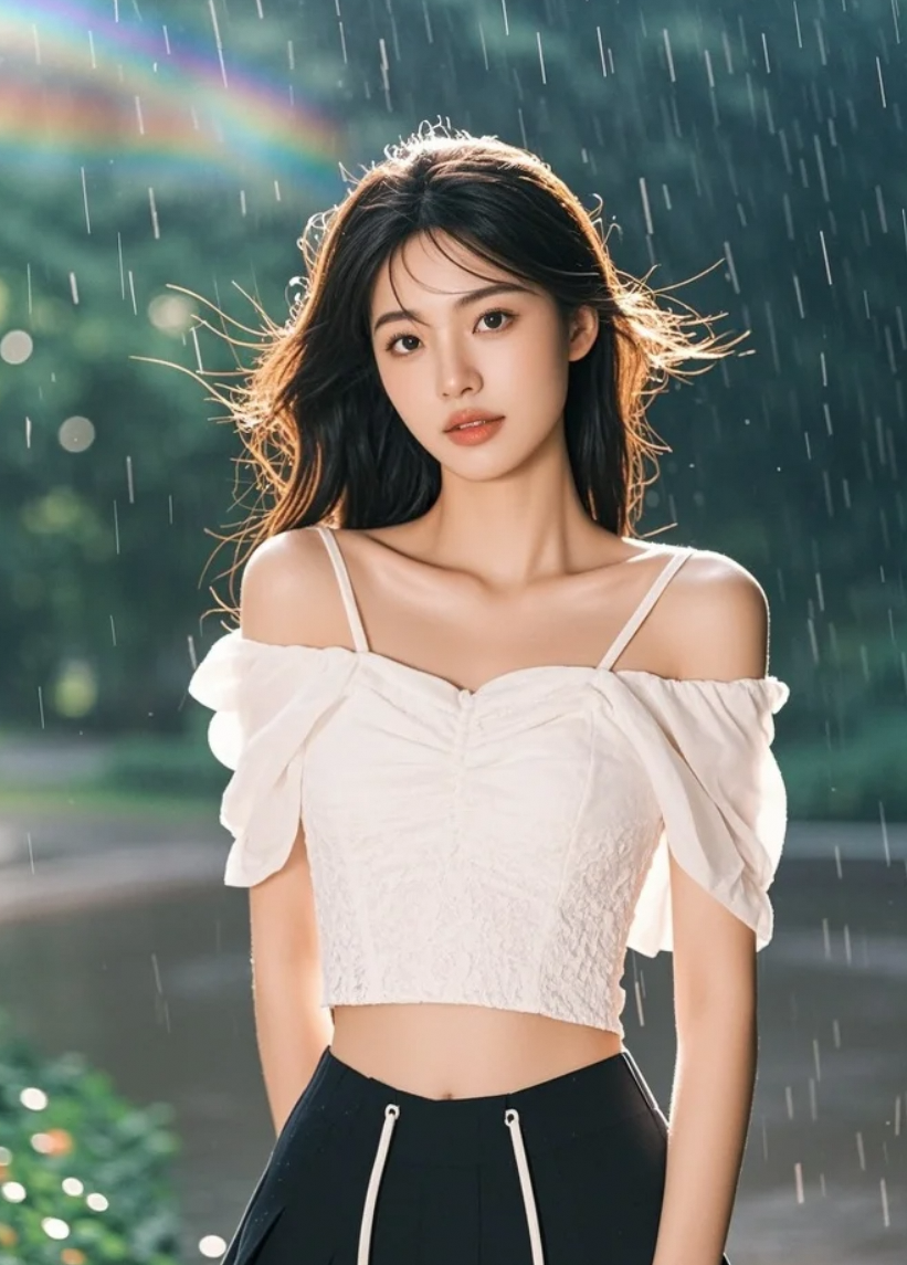 七色光晕温柔地缠绕，她低眉浅笑，是雨后最治愈的风景。