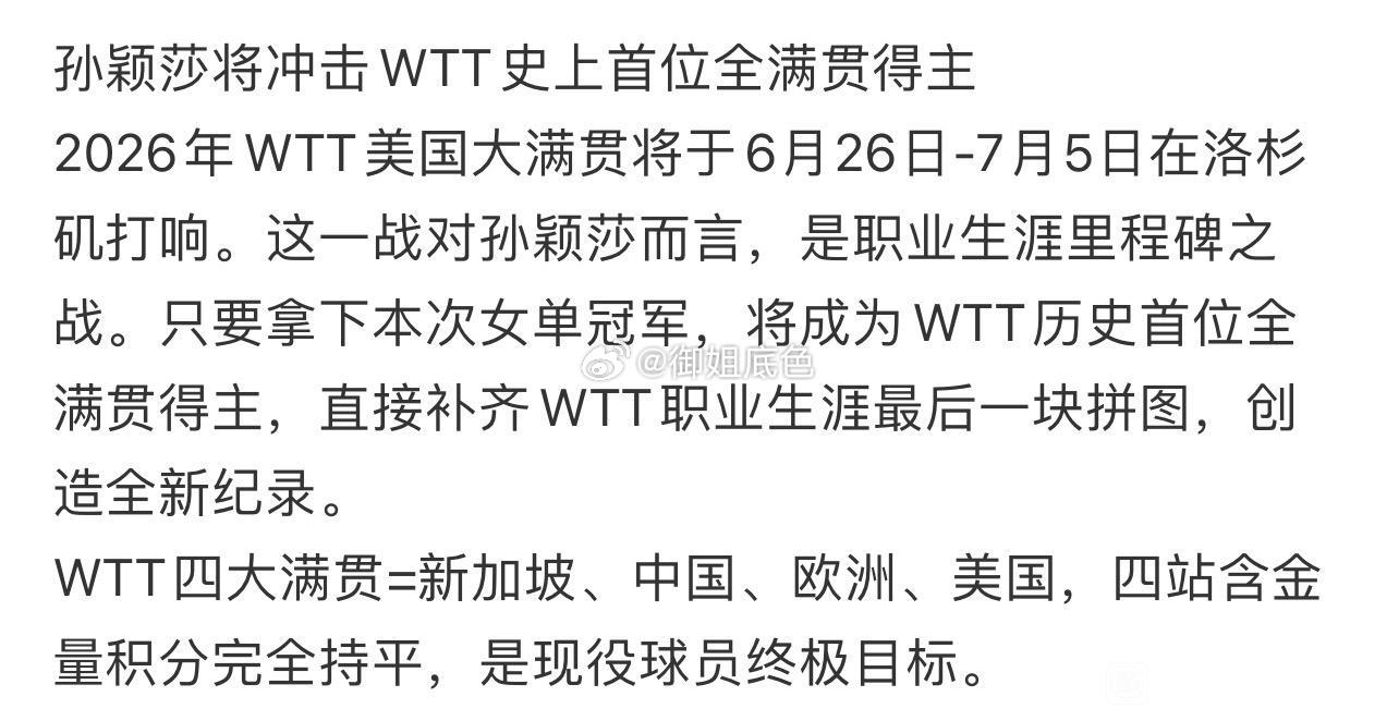 孙颖莎将冲击wtt首位超级全满贯