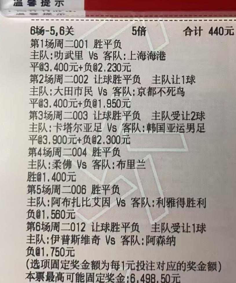这位大哥440元的彩票，输给了利雅得胜利，6场比赛就差了这么一场。本来他可能以