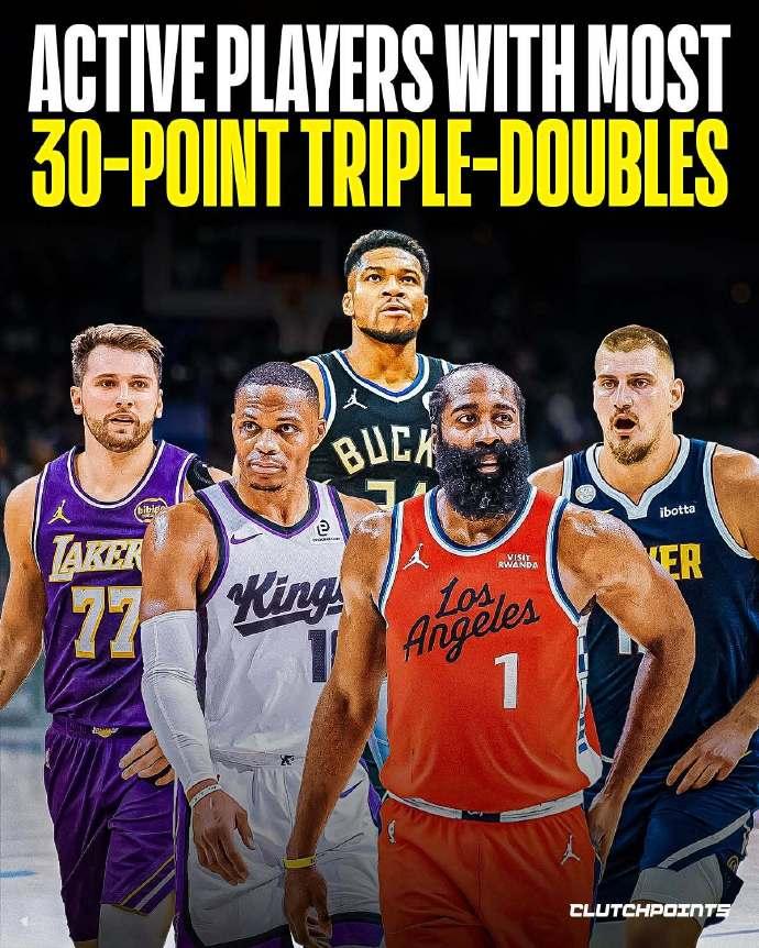 现役球员30+三双次数排名：1、东契奇——49次2、约基奇——48次2、威