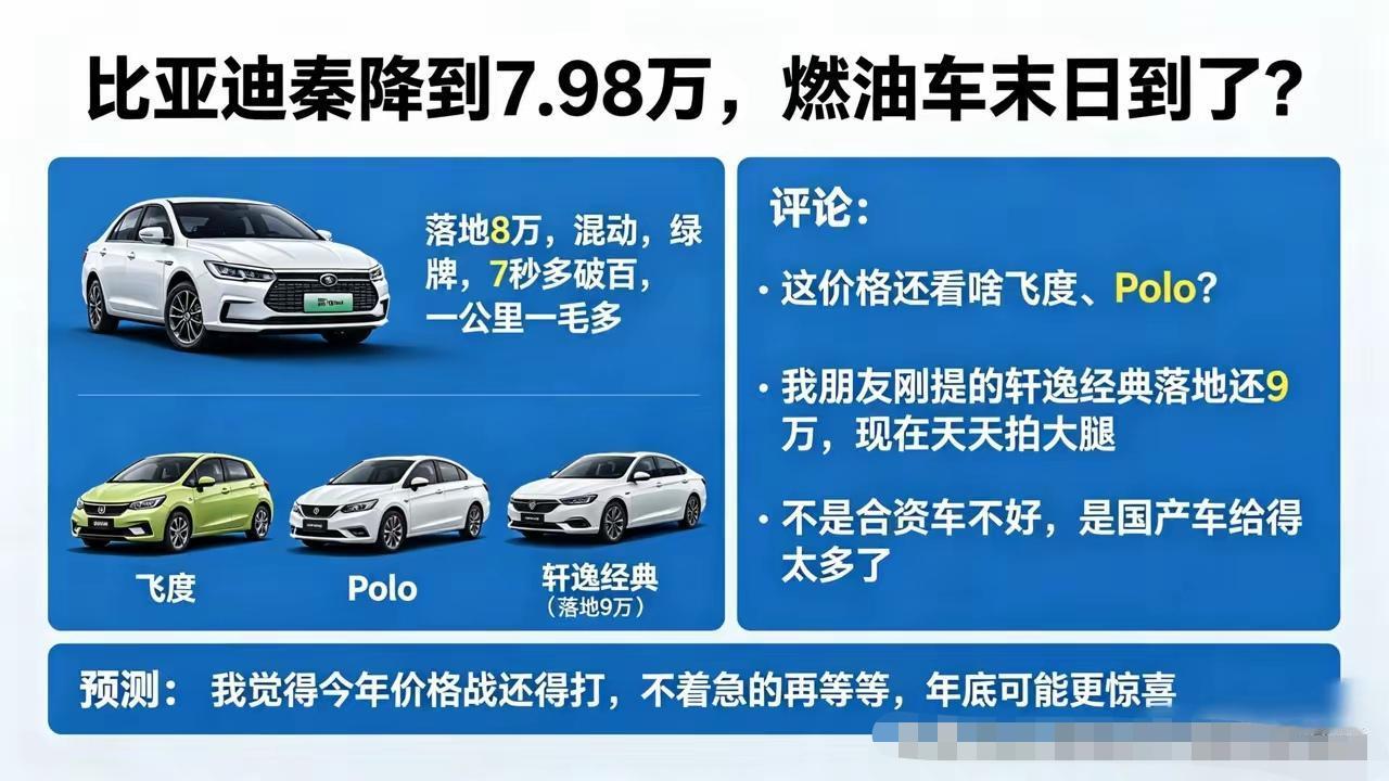 我朋友去年9万落地提了轩逸经典，现在天天拍大腿。比亚迪秦降到7.98万了。混