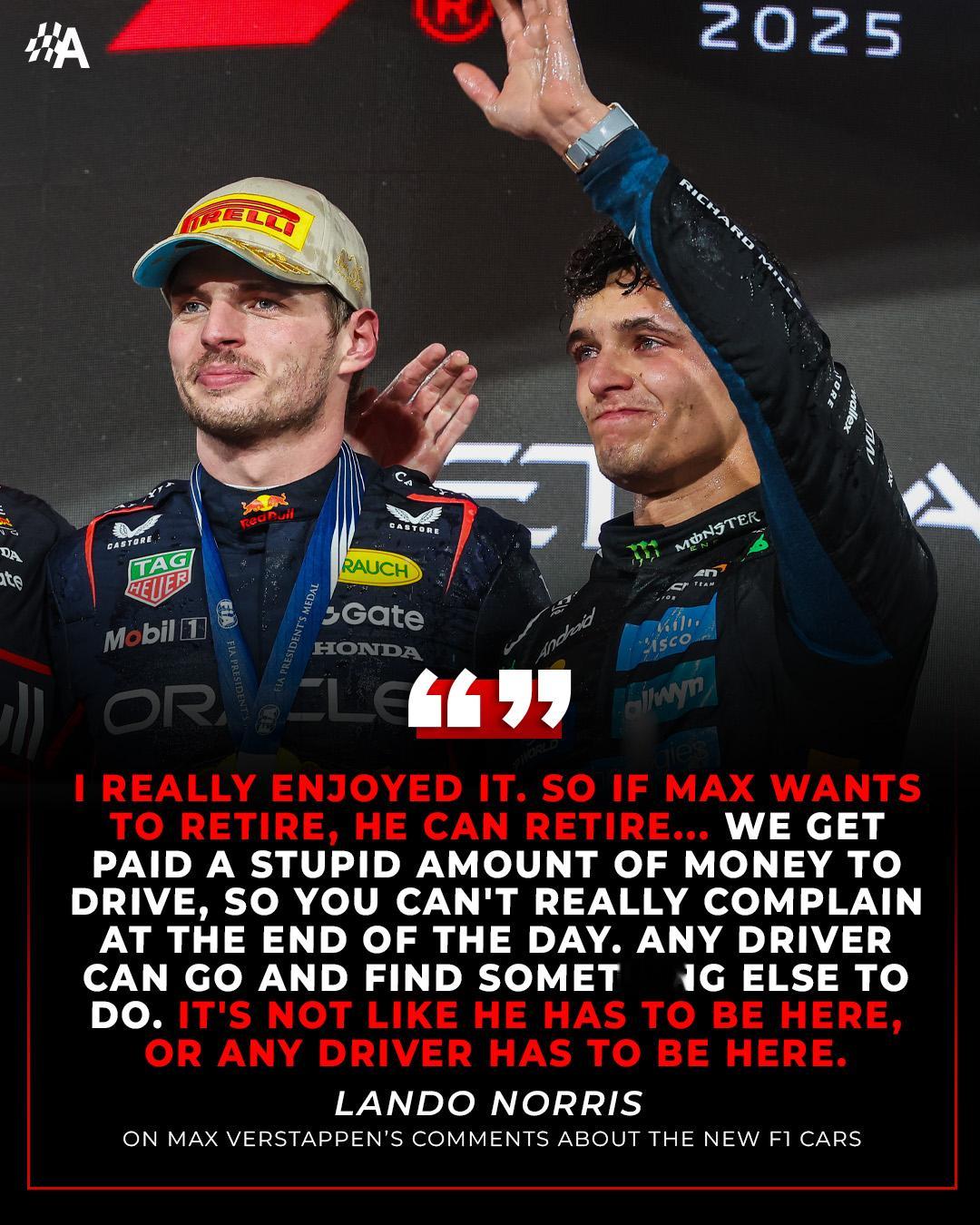 f1诺里斯回应了维斯塔潘的批评：“他完全可以选择退役”维斯塔潘表示，他认为今年