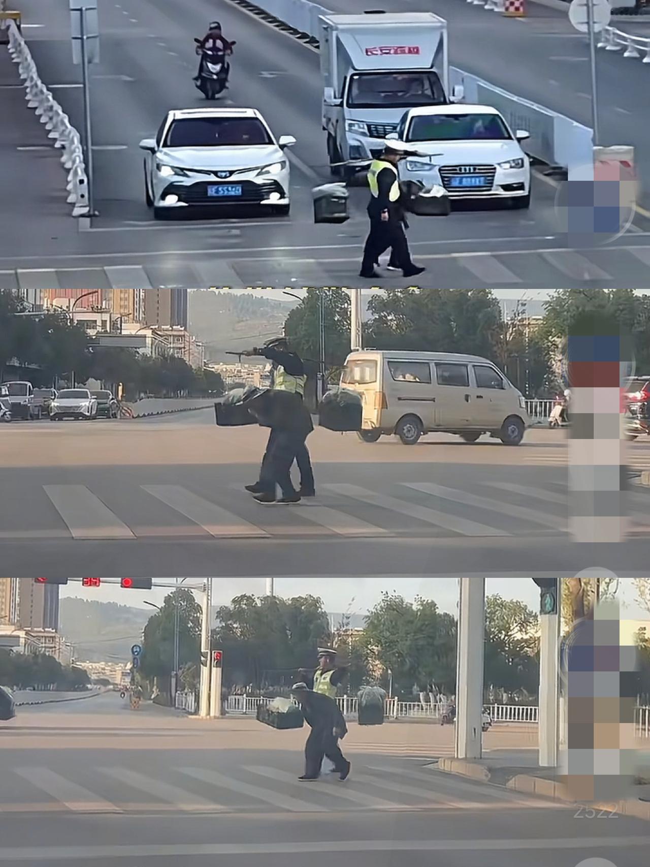 这下好了,直接火到了新华社!正在执勤的辅警看到一个驼背老人正挑着担子过马路,