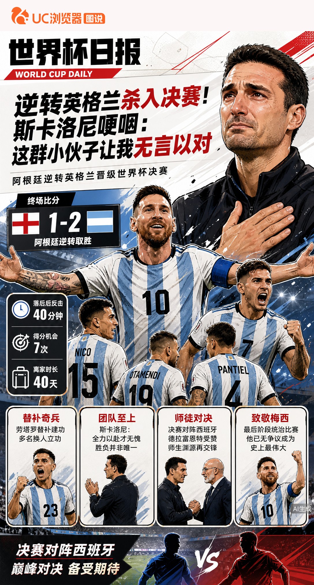 逆转英格兰杀入决赛！斯卡洛尼哽咽：这群小伙子让我无言以对