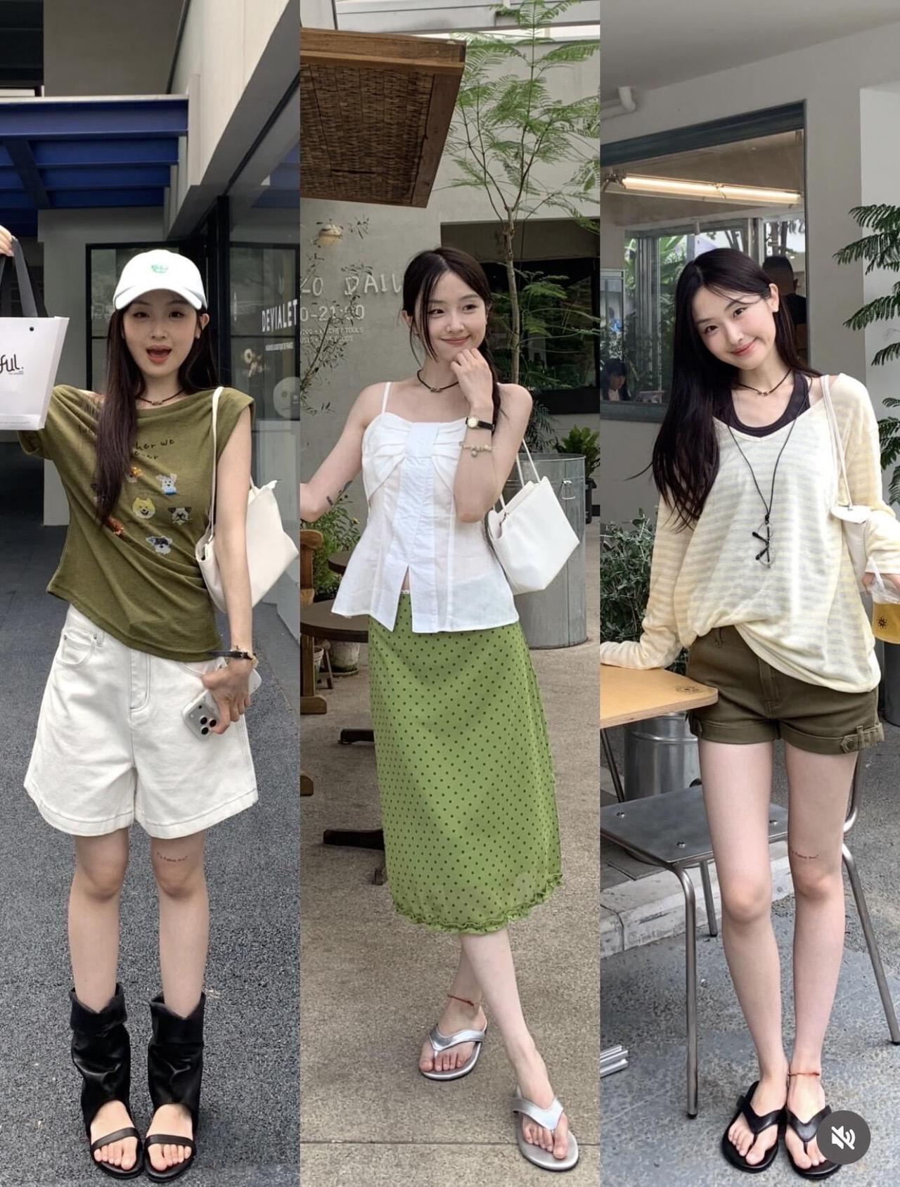 俏皮时髦夏季穿搭灵感，超韩呀！主打清新少女的休闲画风，配色偏爱牛油果绿、奶蓝、