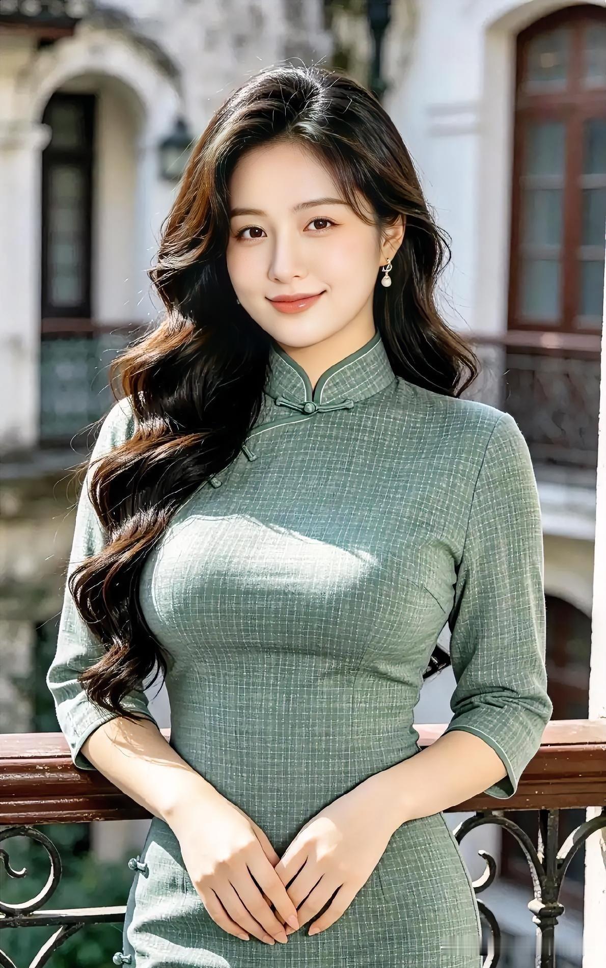 墨绿旗袍勾勒曼妙曲线，复古盘扣锁住东方韵味，阳光倾洒间，温婉气质尽显民国风情。