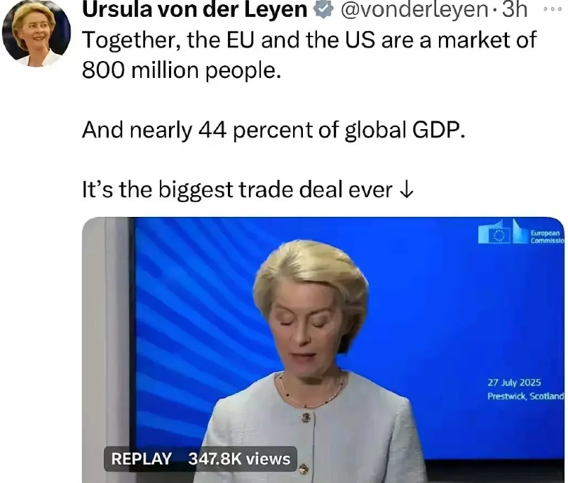 美国人经济至上，欧洲人意识形态至上！当全球关注的欧美贸易协议达成后，冯德莱恩