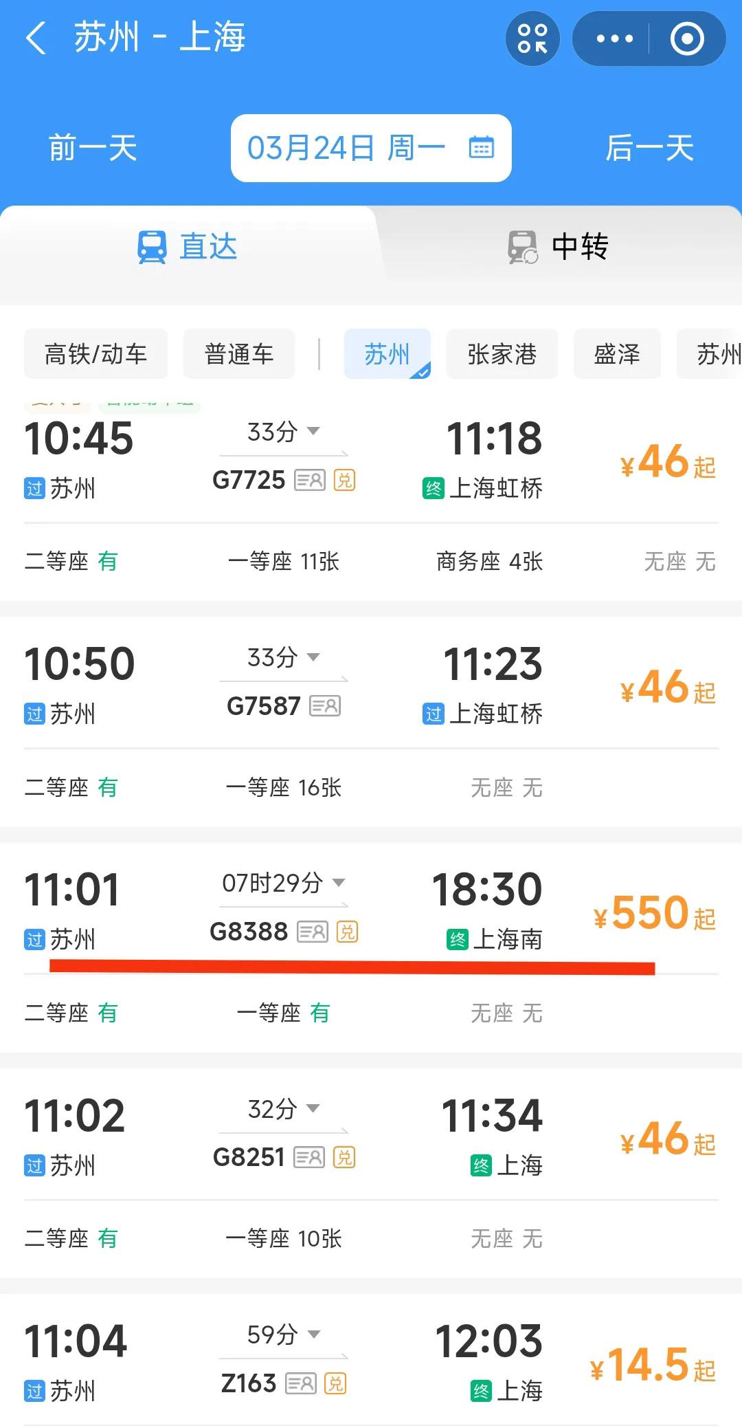 我记得苏州到上海只有80公里的路程，正常情况下坐高铁30分钟，坐绿皮车60分钟就