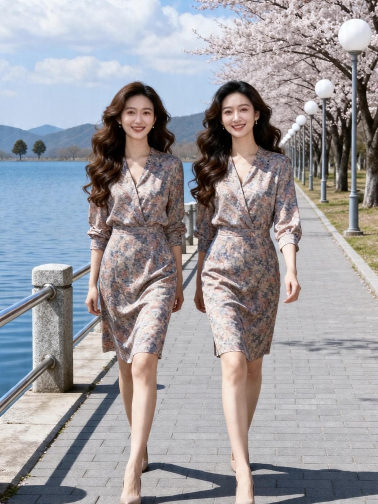 《春堤双影》湖光漫过堤岸，风揉碎了云两抹身影，踏碎春日的晨昏同款的花裙