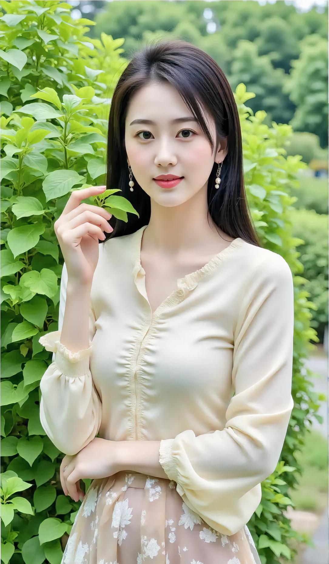 绿叶稠，夏意柔，浅黄纱裙韵悠悠。指尖轻触嫩叶秀，珍珠耳坠暖心头。