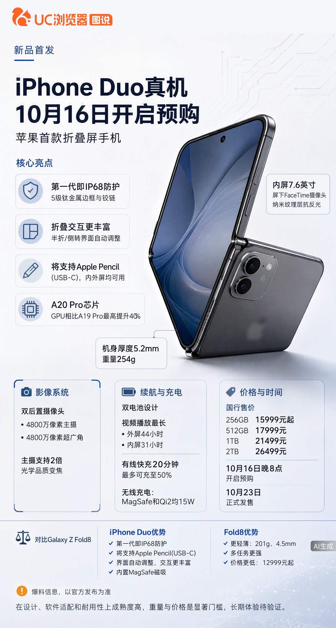 苹果首款折叠屏iPhoneDuo起售价15999元，折痕侧光可见但正面易忽略。虽比竞品重53克，但I
