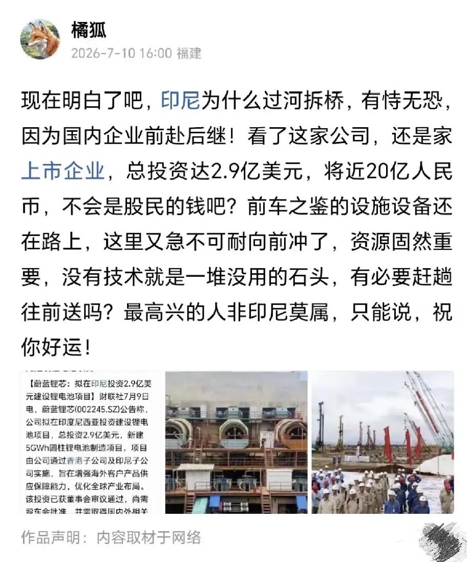 多家企业刚从印尼撤厂，蔚蓝锂芯豪掷2.9亿美元再度入局​昨天还在纳闷呢，中资企
