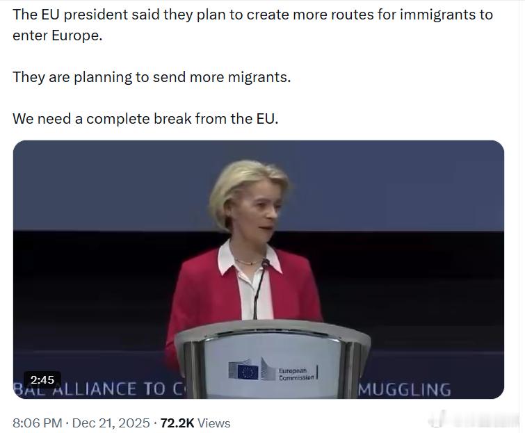 欧盟主席表示，他们计划为移民进入欧洲创造更多途径。他们计划送更多移民过来。必须解