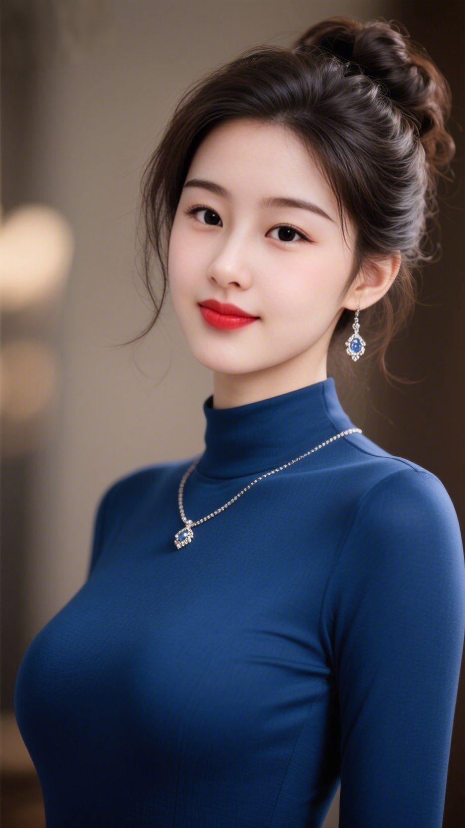 《蓝衫裹温雅》深蓝天丝衫如浸了暮色的软绒，妥帖衬着舒展的肩颈，领口细链坠着