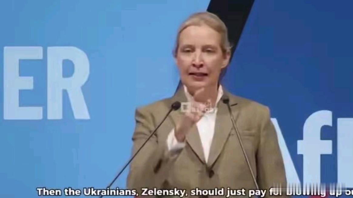 1月25日，柏林国会大厦前，魏德尔将麦克风怼到摄像机前，一句“北溪挨炸你们装瞎，