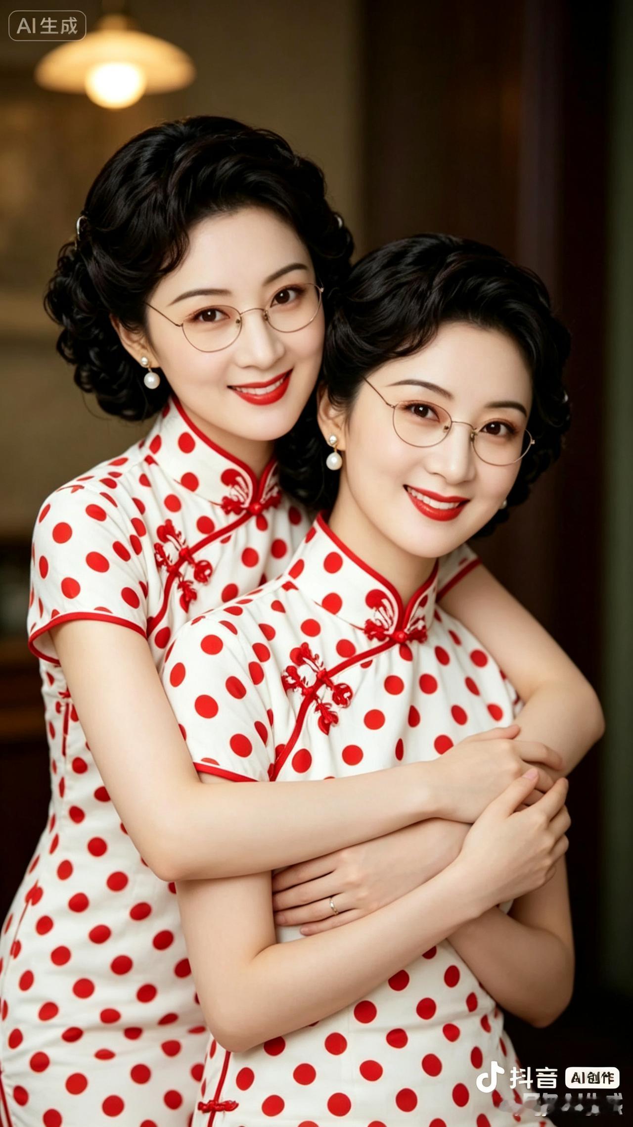 双胞胎姐妹顺口溜（邀续尾）一对姐妹似镜像同款旗袍韵姿扬姐姐背后拥娇妹笑靥