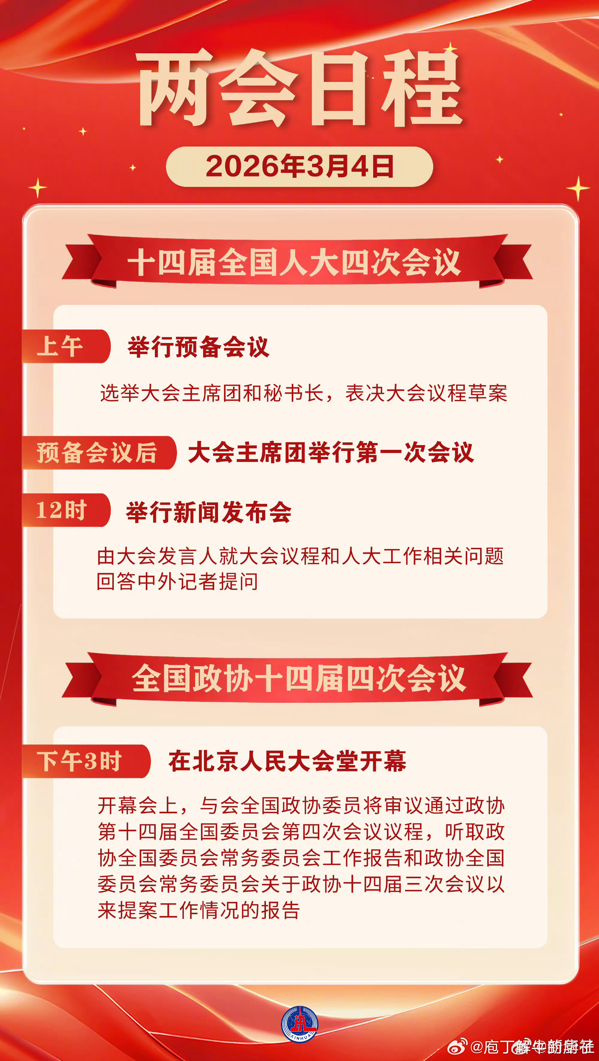 2026两会日程预告【两会日程预告丨3月4日两会日程】2026全国两会