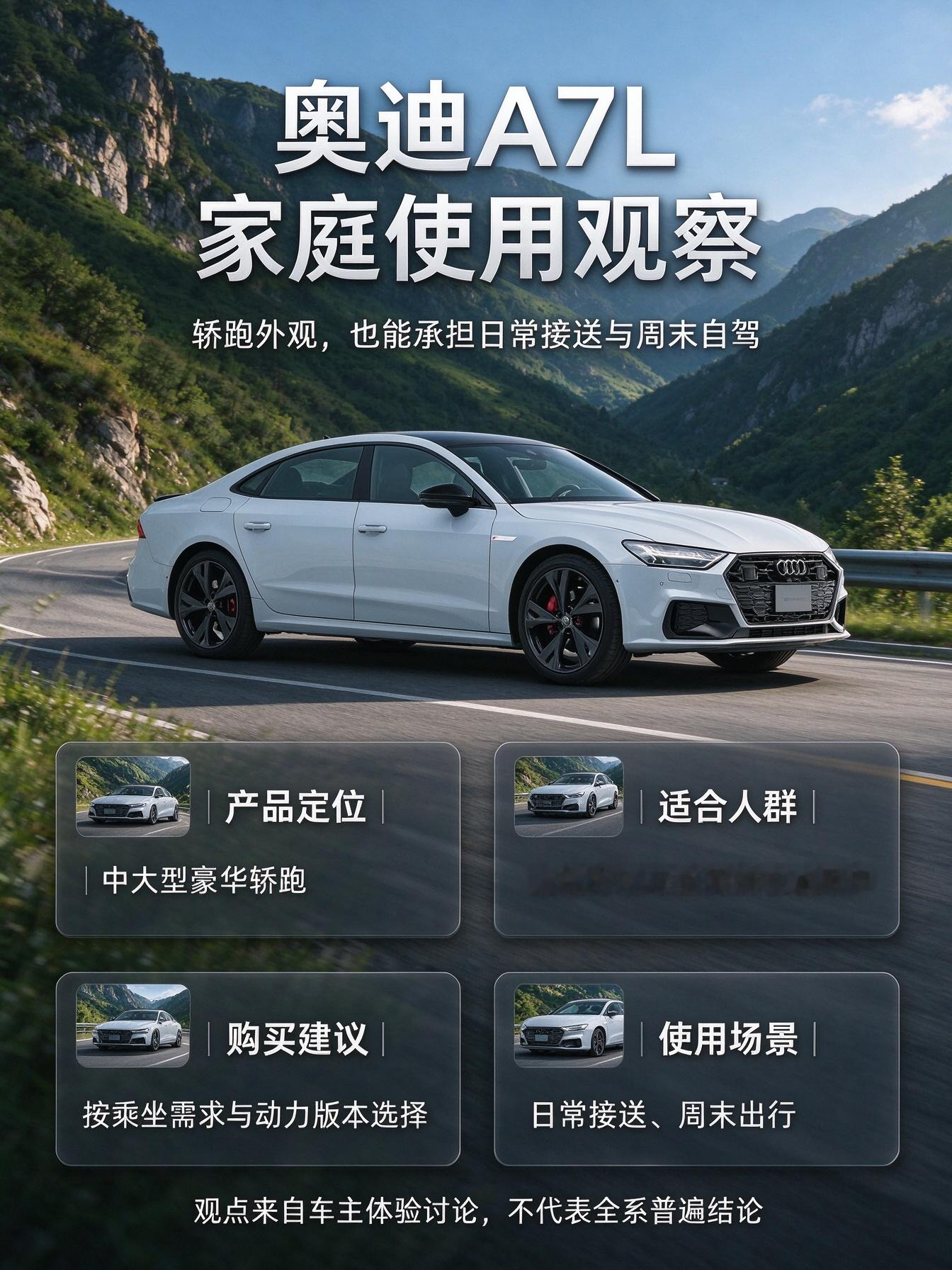 奥迪A7L是国产加长后的中大型豪华轿跑，保留了原版溜背造型，颜值很有辨识度。3026mm的长轴距把后