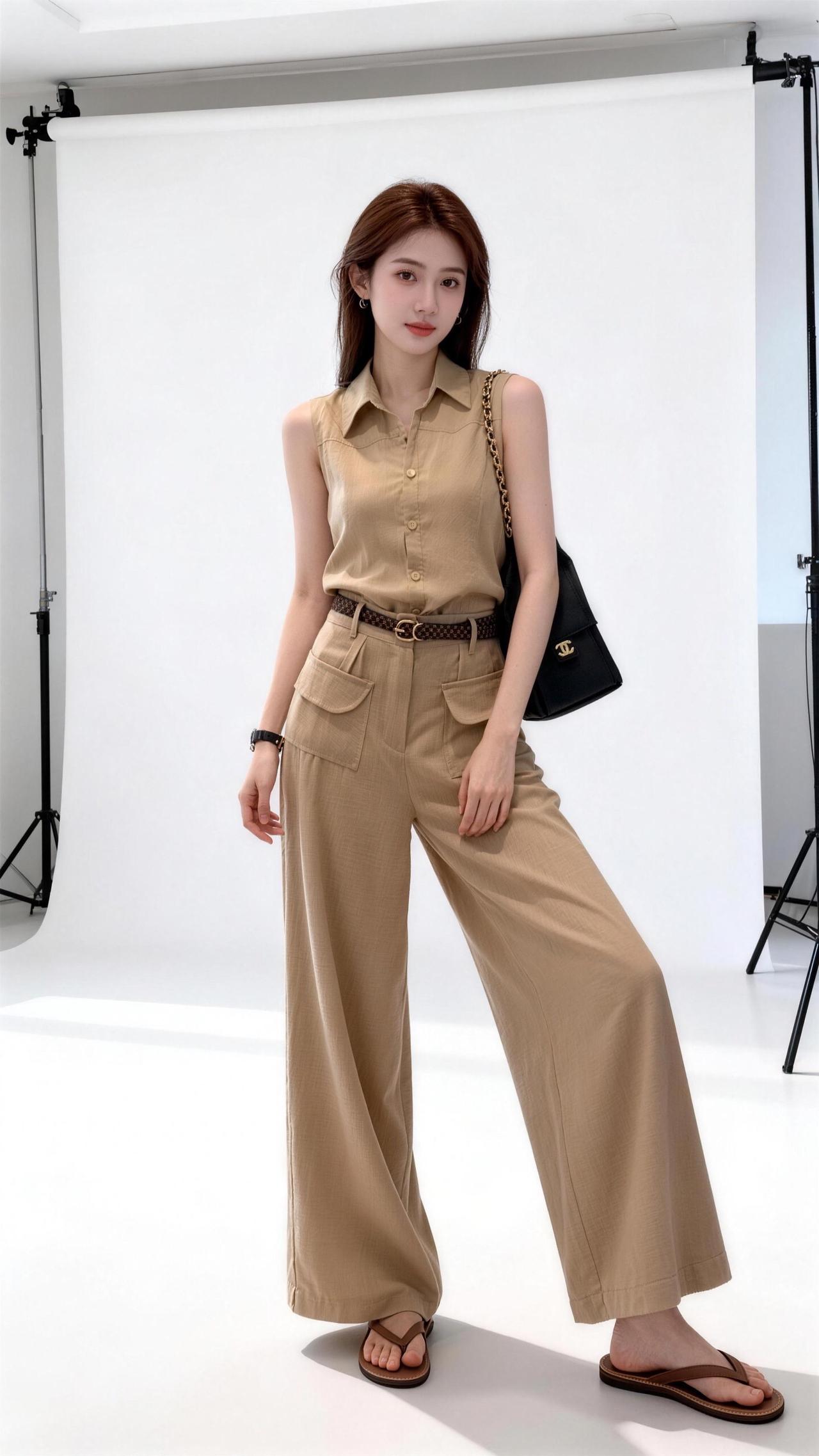 卡其色工装阔腿裤夏季女生阔腿裤穿搭背心阔腿裤穿搭高腰卡其色阔腿裤显瘦高腰