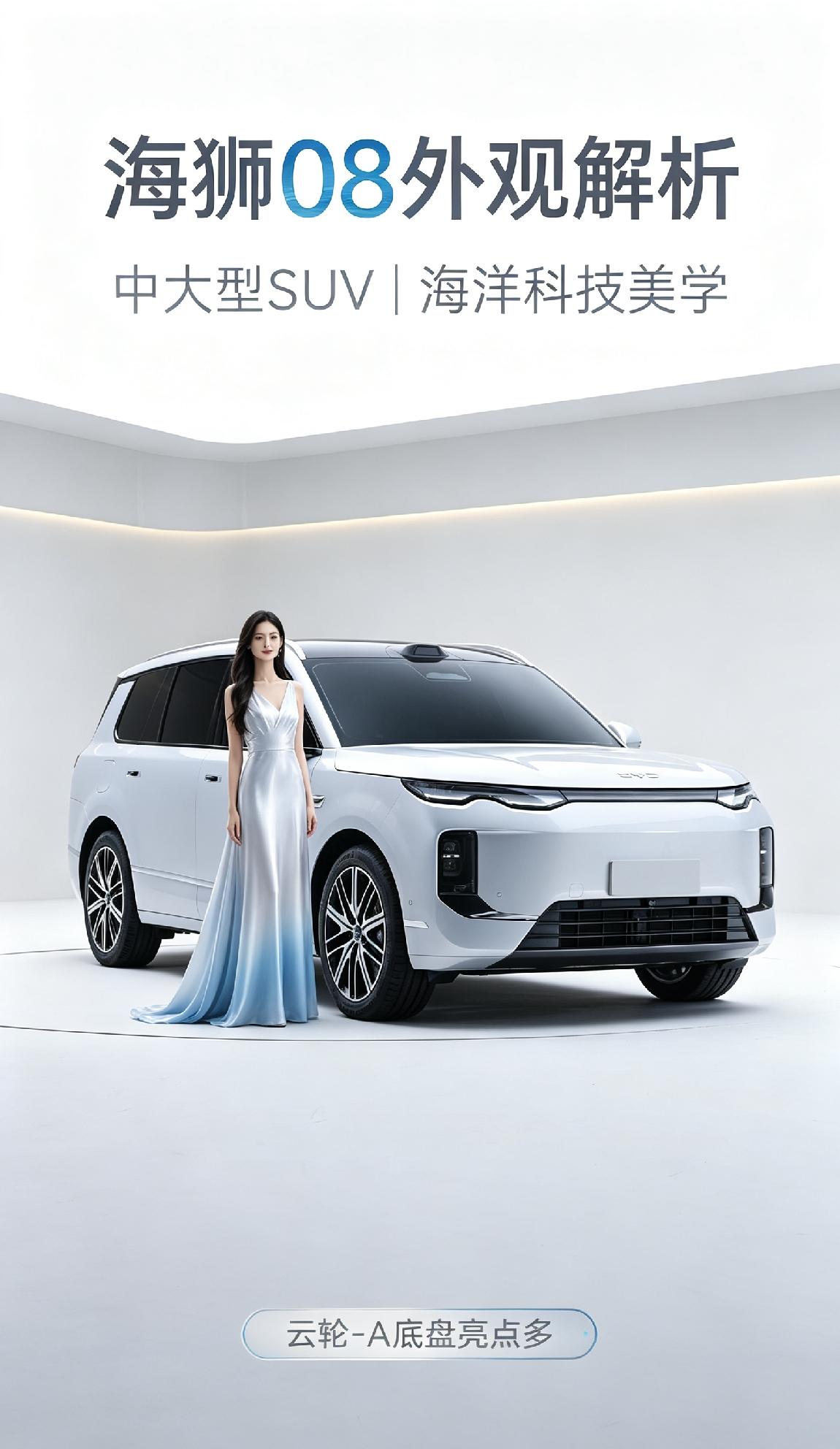 海狮08定位中大型SUV，车身轴距达到3030毫米，提供五座、六座两种布局，充分