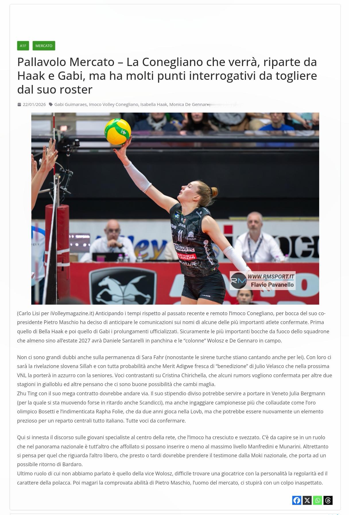 意媒议论科内下赛季阵容意媒《排球杂志》以“即将到来的科内利亚诺队将以哈克和加