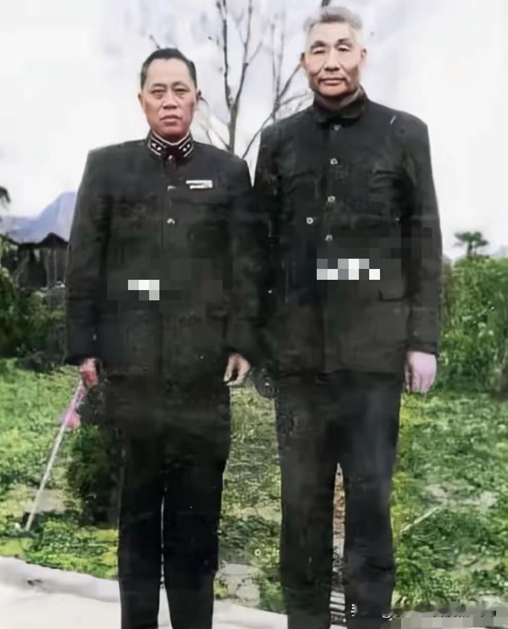 海军司令员肖劲光大将，与东海舰队司令陶勇中将并肩而立。肖劲光身着笔挺戎装，眉宇间