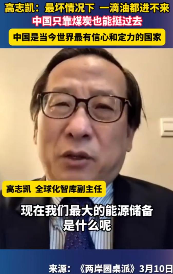 高志凯表示，最坏情况下，一滴油都进不来，中国只靠煤炭也能挺过去，“中国是当今世界
