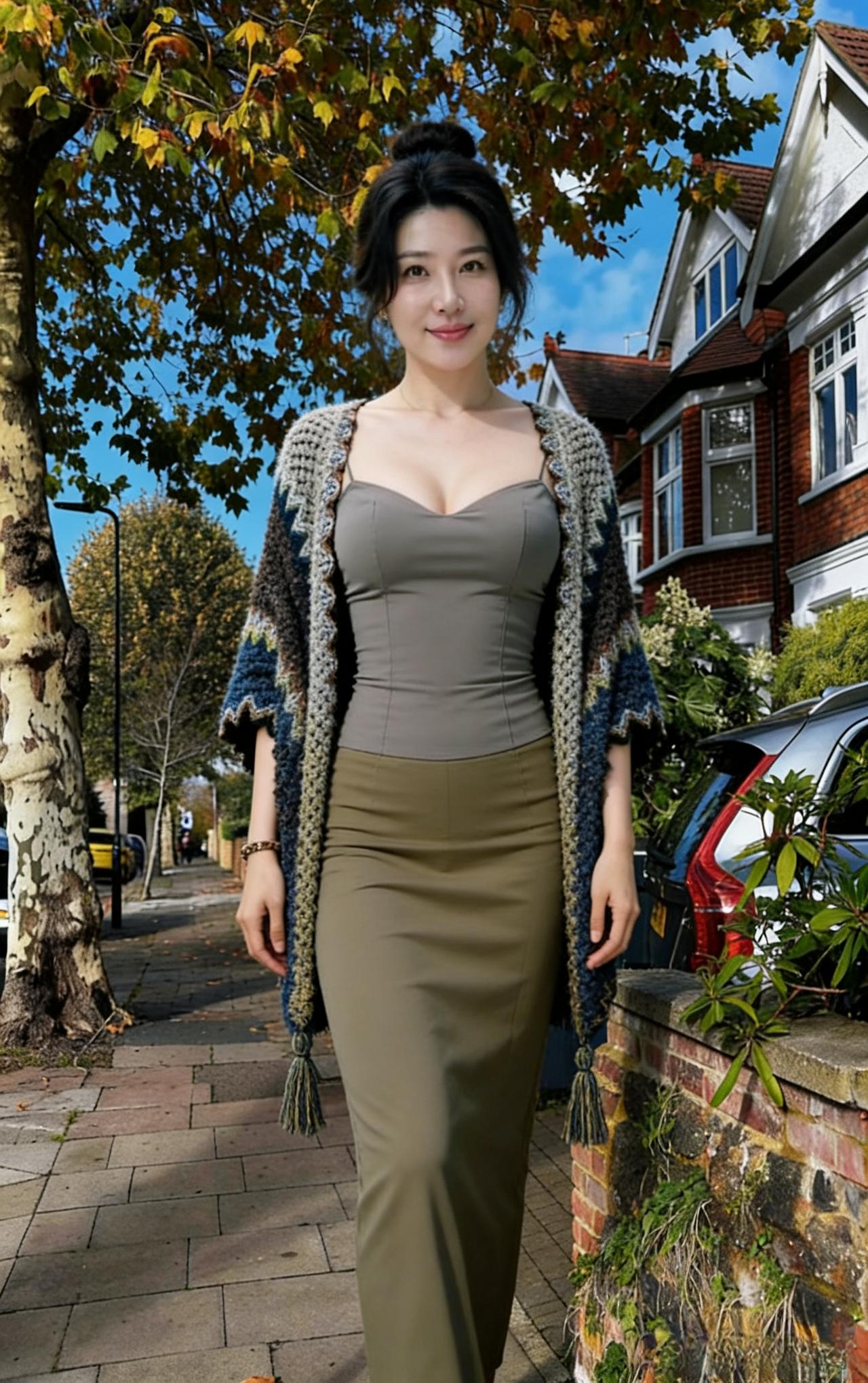 秋巷枫初染，佳人立砖墀。织衣披彩缕，素衽映清姿。云影浮高树，车声过短篱。异