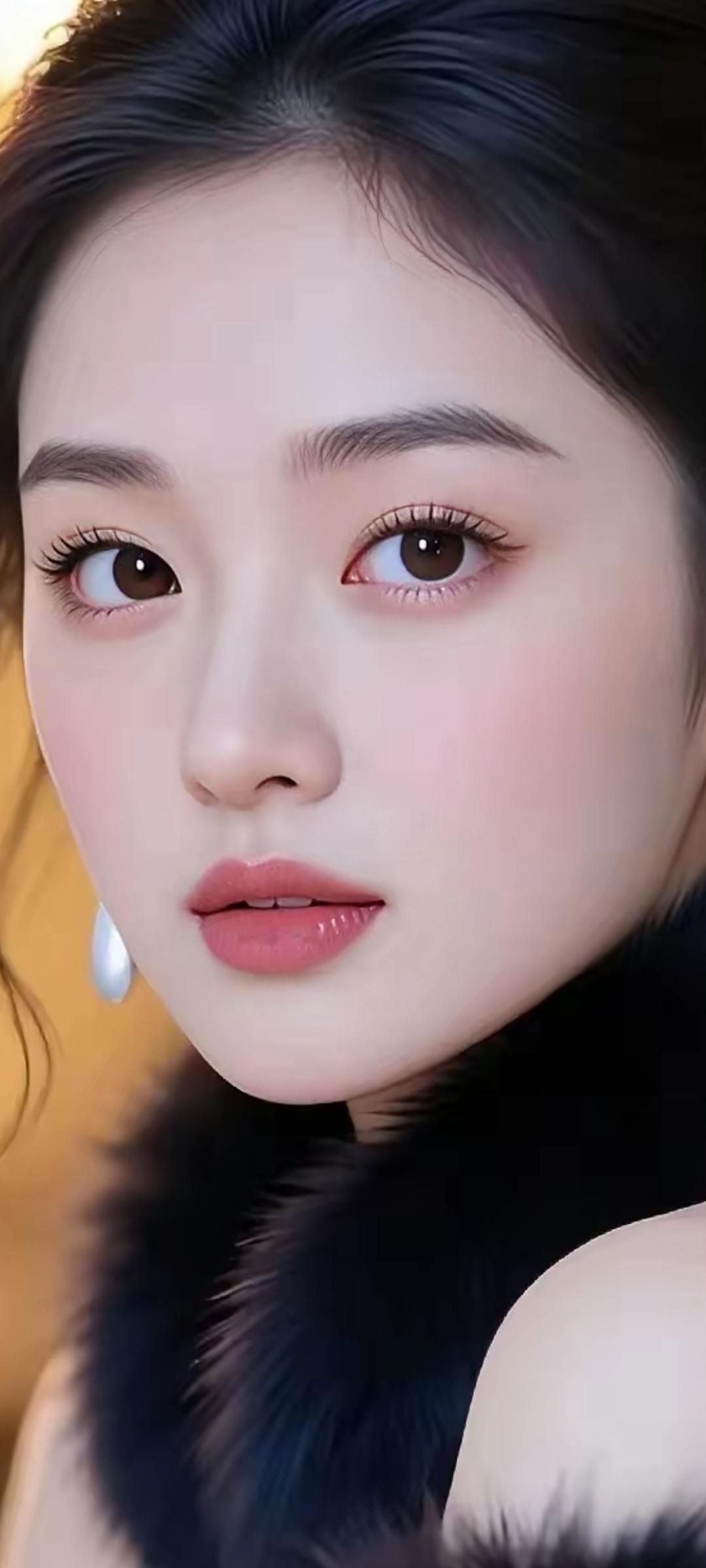 温柔眼波流转，黑发如瀑，唇红如樱，尽显东方古典美。