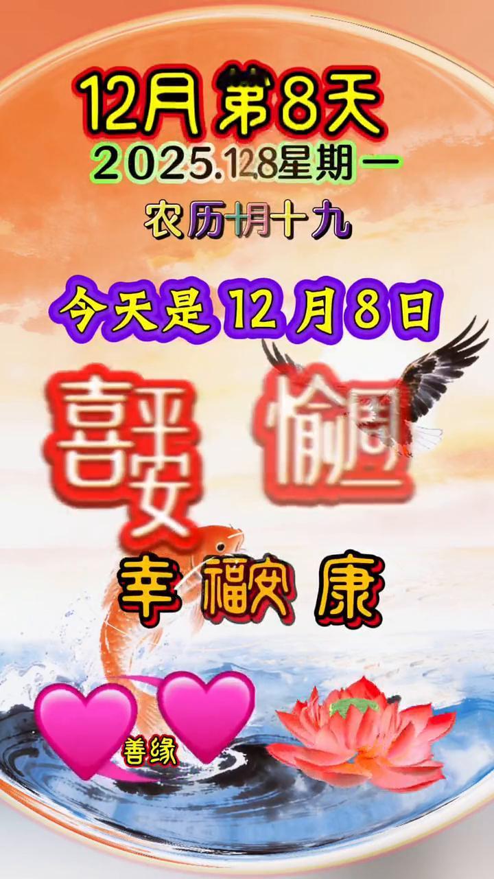 12月第8天，2025.12.8星期一，农历十月十九。今天是12月8日，星期一