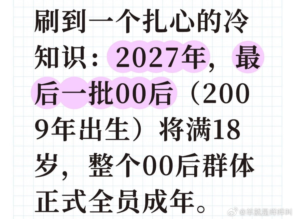 刷到一个扎心的冷知识：2027年，最后一批00后（2009年出生）将满18岁，整