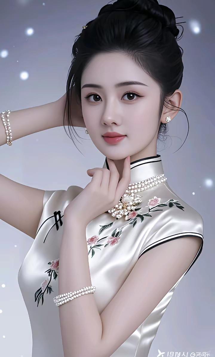 优雅旗袍，东方美人，珍珠点缀，韵味十足