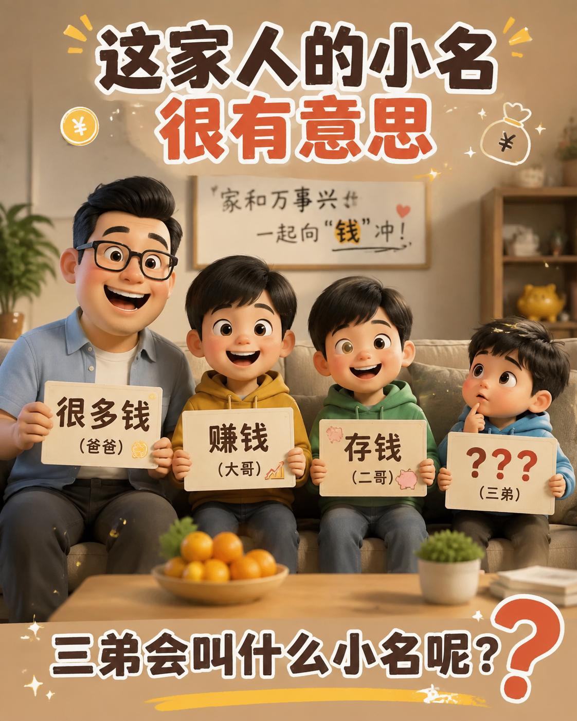 这家人的小名很有意思，爸爸叫很多钱，大哥叫赚钱，二哥叫存钱，你们觉得三弟会叫什么