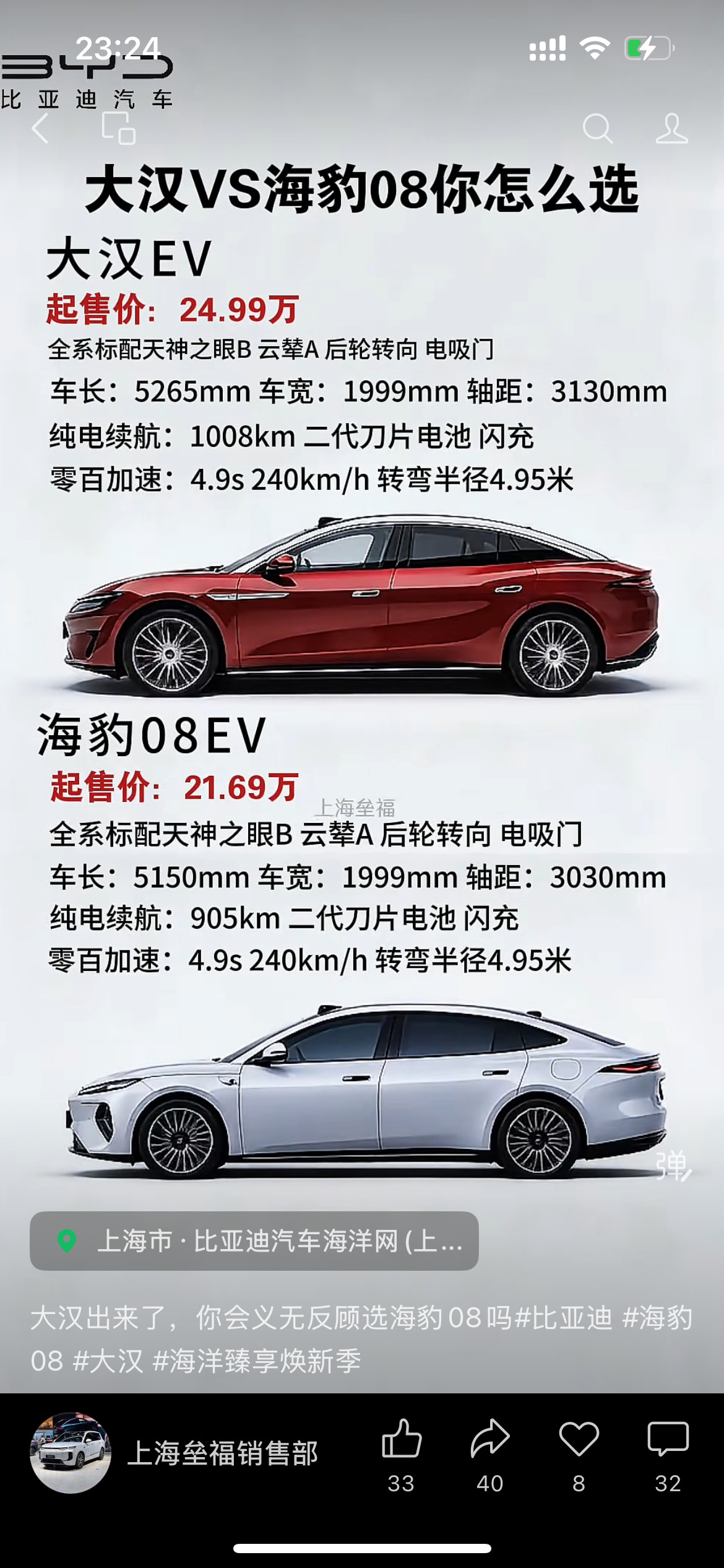 如果你有20多万预算，比亚迪大汉和海豹08，你会怎么选？ ​