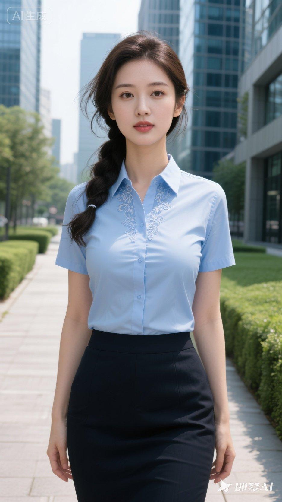 都市白领穿搭指南：清新蓝衬衫+黑色铅笔裙，优雅又干练！