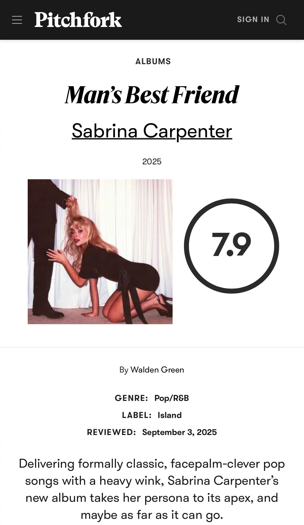 卧槽！婊叉Pirchfork给匠妹SabrinaCarpenter新专辑《Ma
