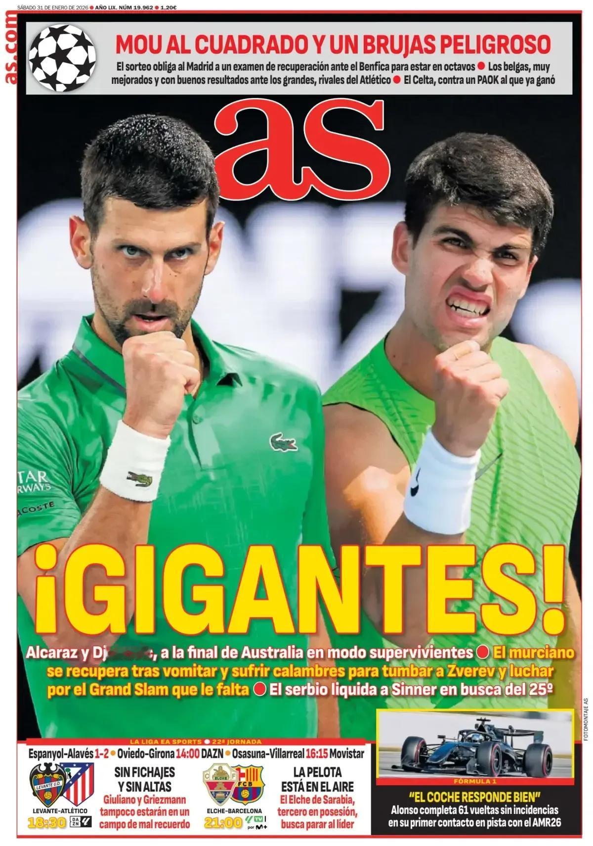 西班牙《AS体育报》头版报道，西班牙媒体都相信西班牙天才网球运动员卡洛斯·阿尔卡