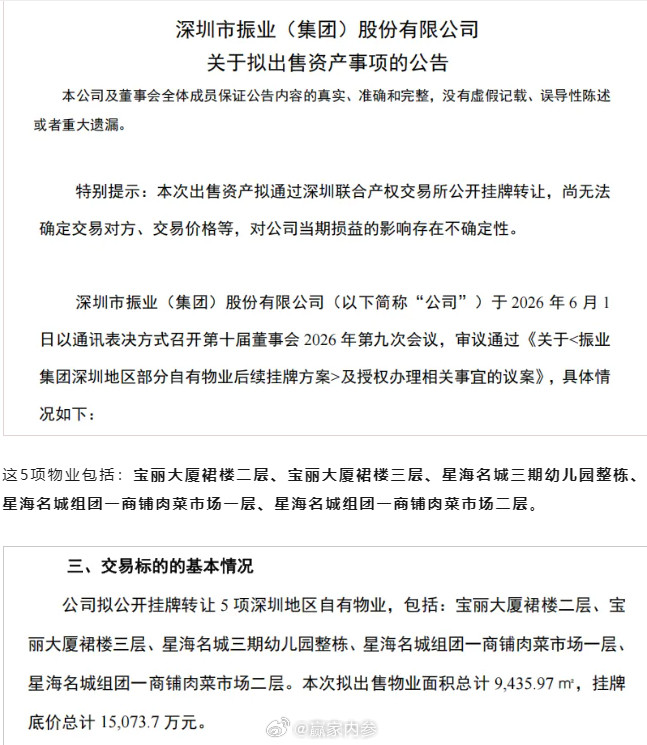 【深圳振业集团1.5亿元甩卖5处物业】日前，振业集团发布公告，拟通过深圳联合产权