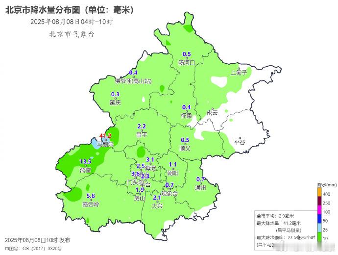 【北京降雨将持续至前半夜】气象部门统计数据显示，平原地区降水有所加强。8月8日