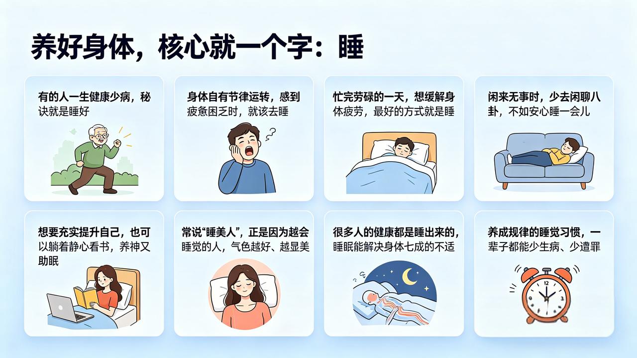 养好身体核心就一个字“睡”①有的人一生健康少病，秘诀就是睡好。②身体自