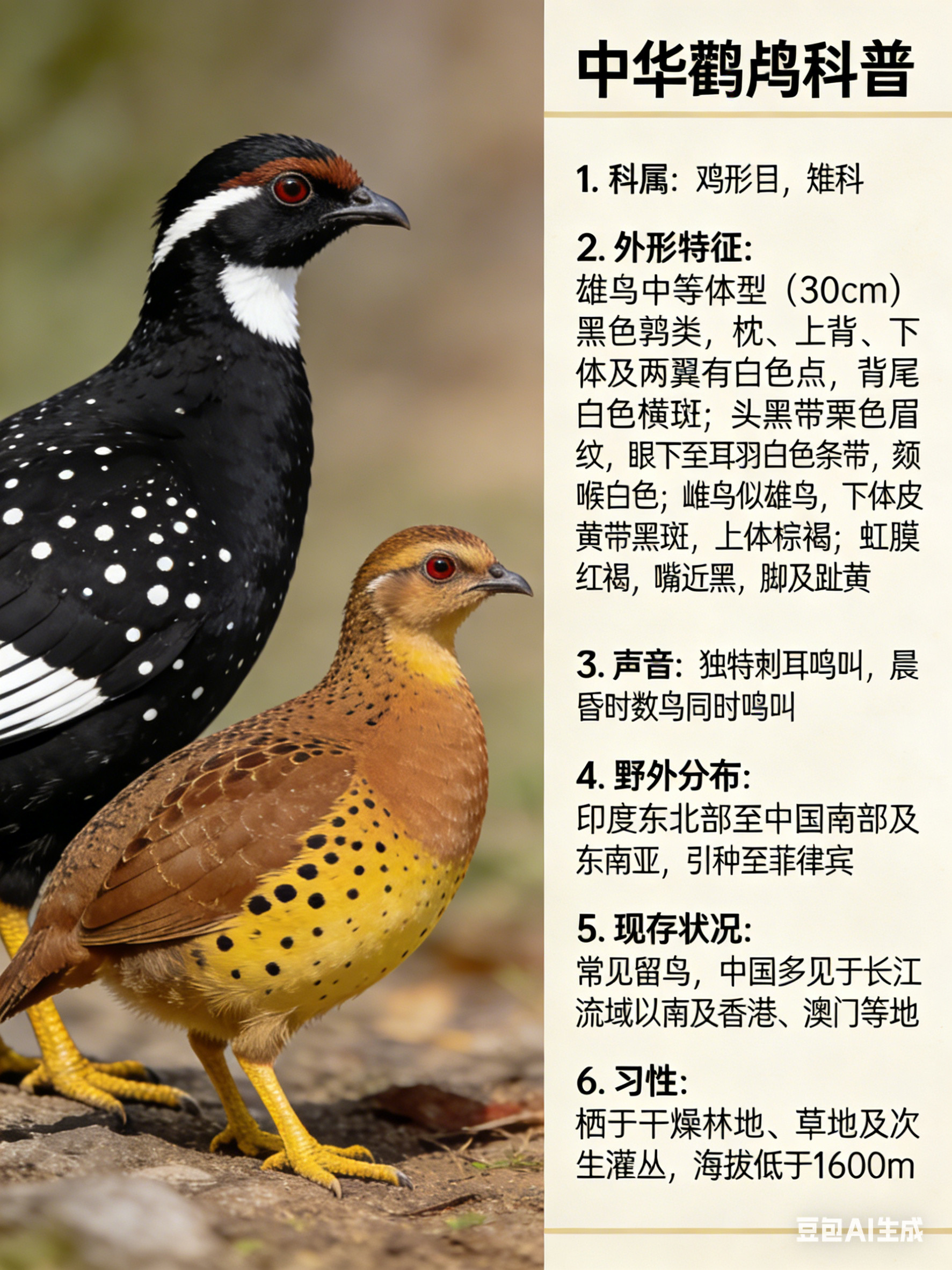 鸟类朋友图鉴中华鹧鸪·科属：鸡形目，雉科。·外形特征：雄鸟为中等体型（30cm