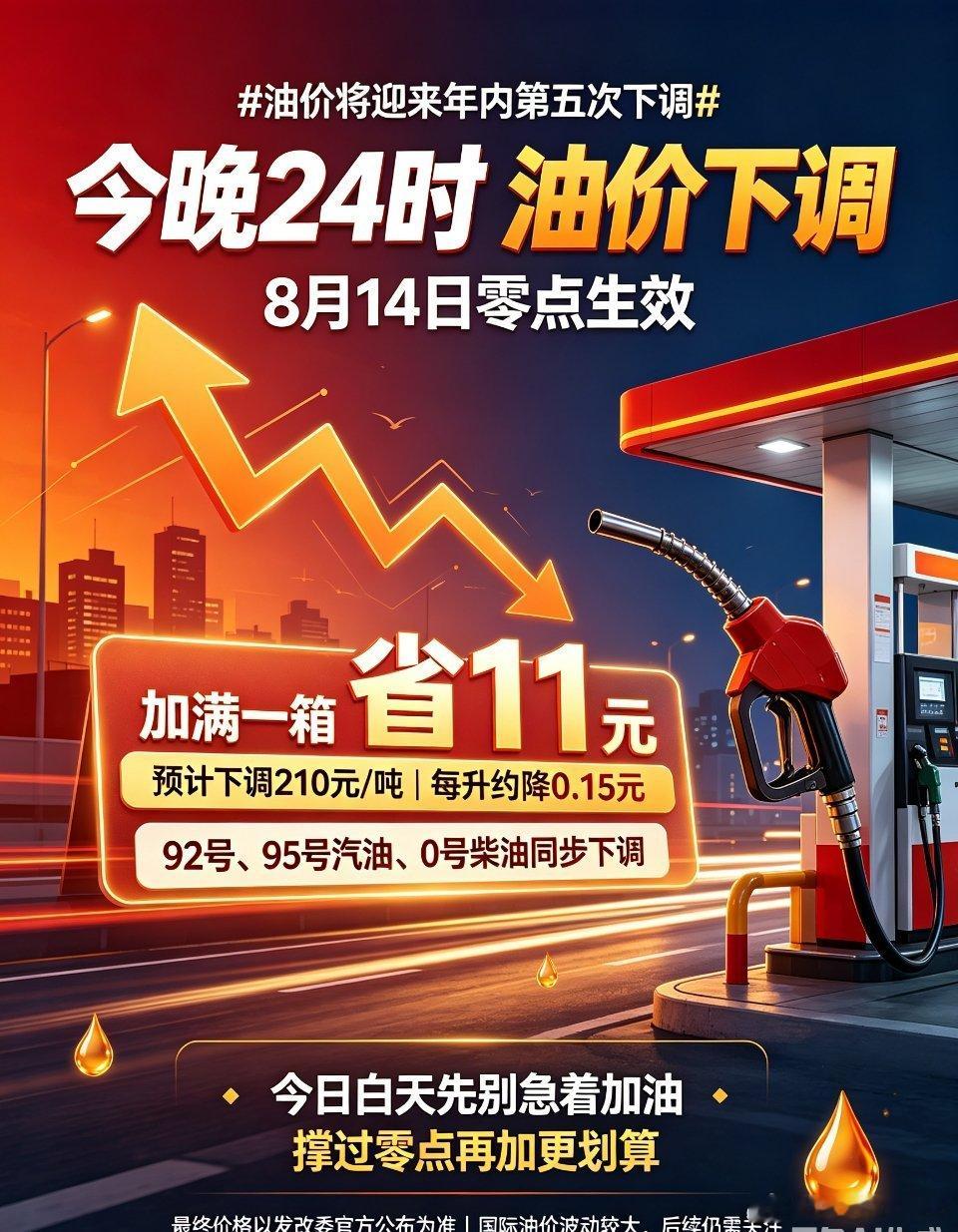 油价将迎来年内第五次下调车主省钱重磅提醒！8月14日24:00油价正式下调！