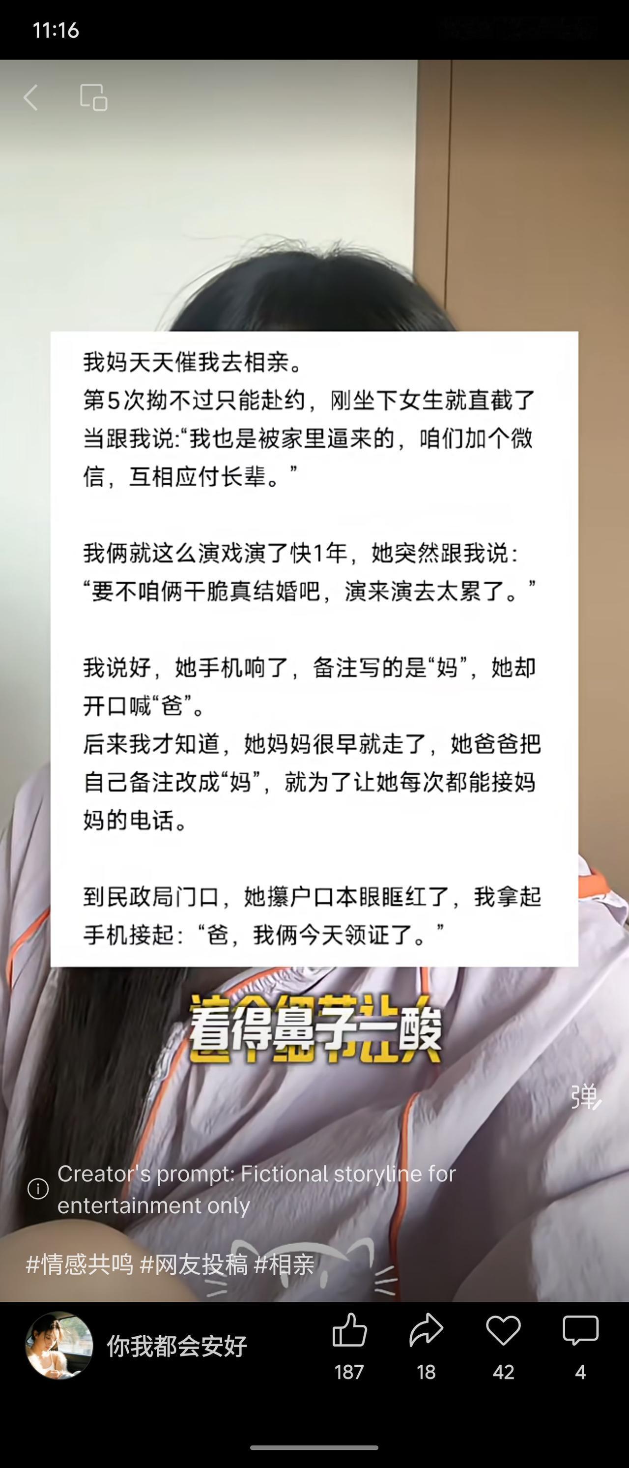 男子被母亲催婚，与相亲女生假扮情侣应付长辈近一年。后女生提议真结婚，其间手机响备