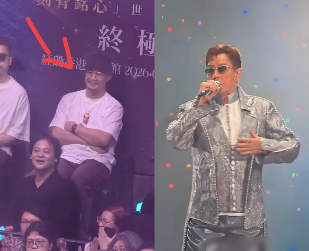 谭咏麟告别演唱会收官夜，全场都在等陈奕迅上台，结果他没唱。很多人没看懂。陈奕迅就坐在台下，跟着唱，鼓