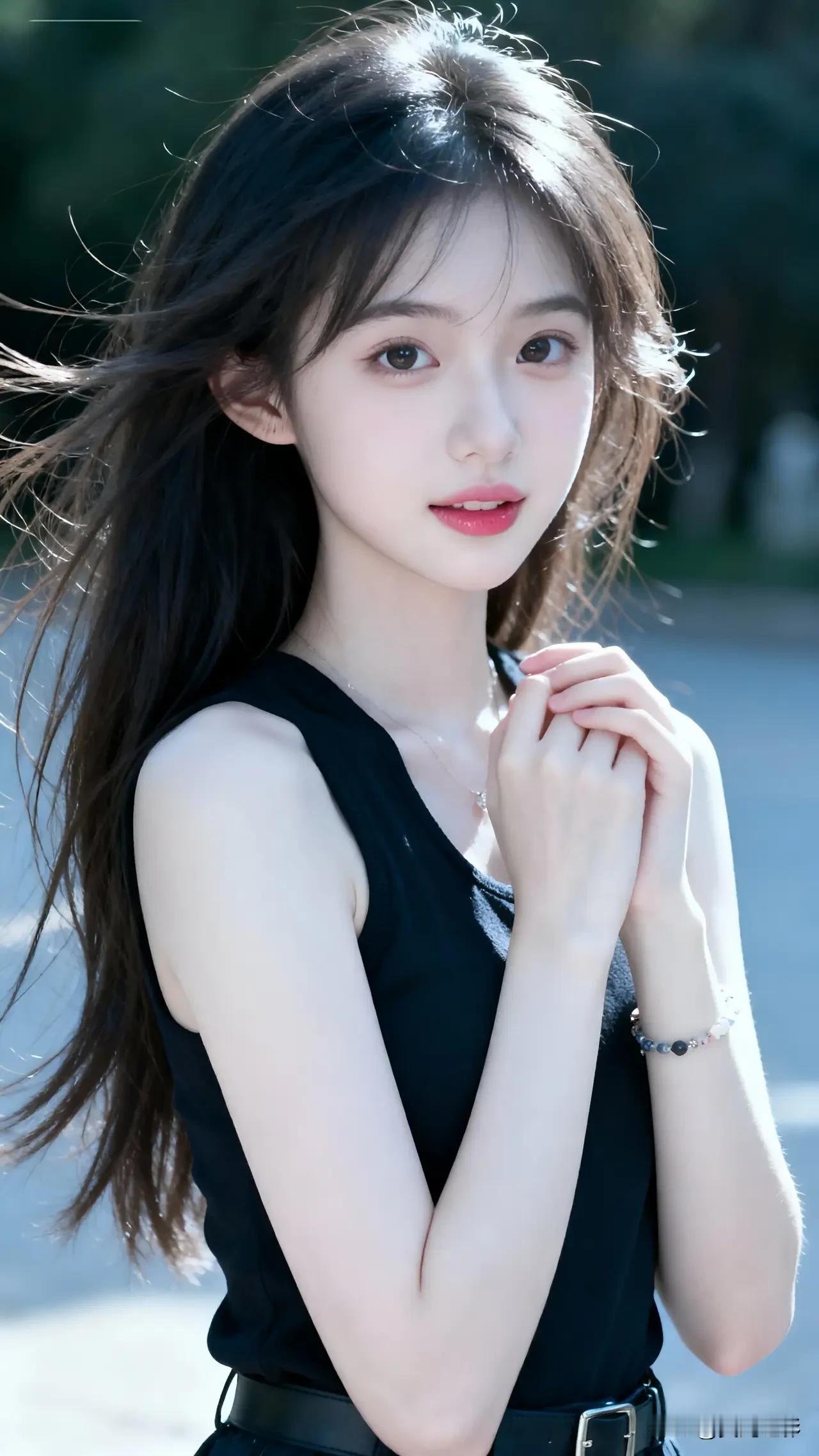 光之影阳光下的甜美少女，黑发飘逸，微笑动人少女感微笑女孩