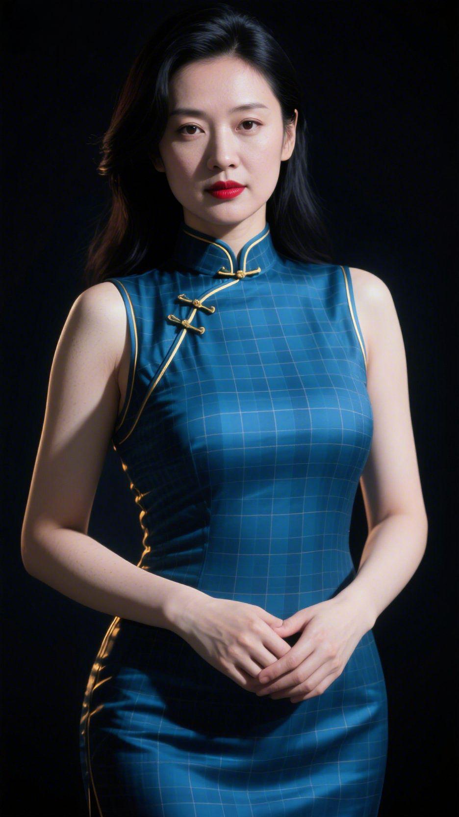 一袭旗袍，静美流年一袭青蓝格纹旗袍，尽显温婉端庄的东方气韵。领口的金线盘扣