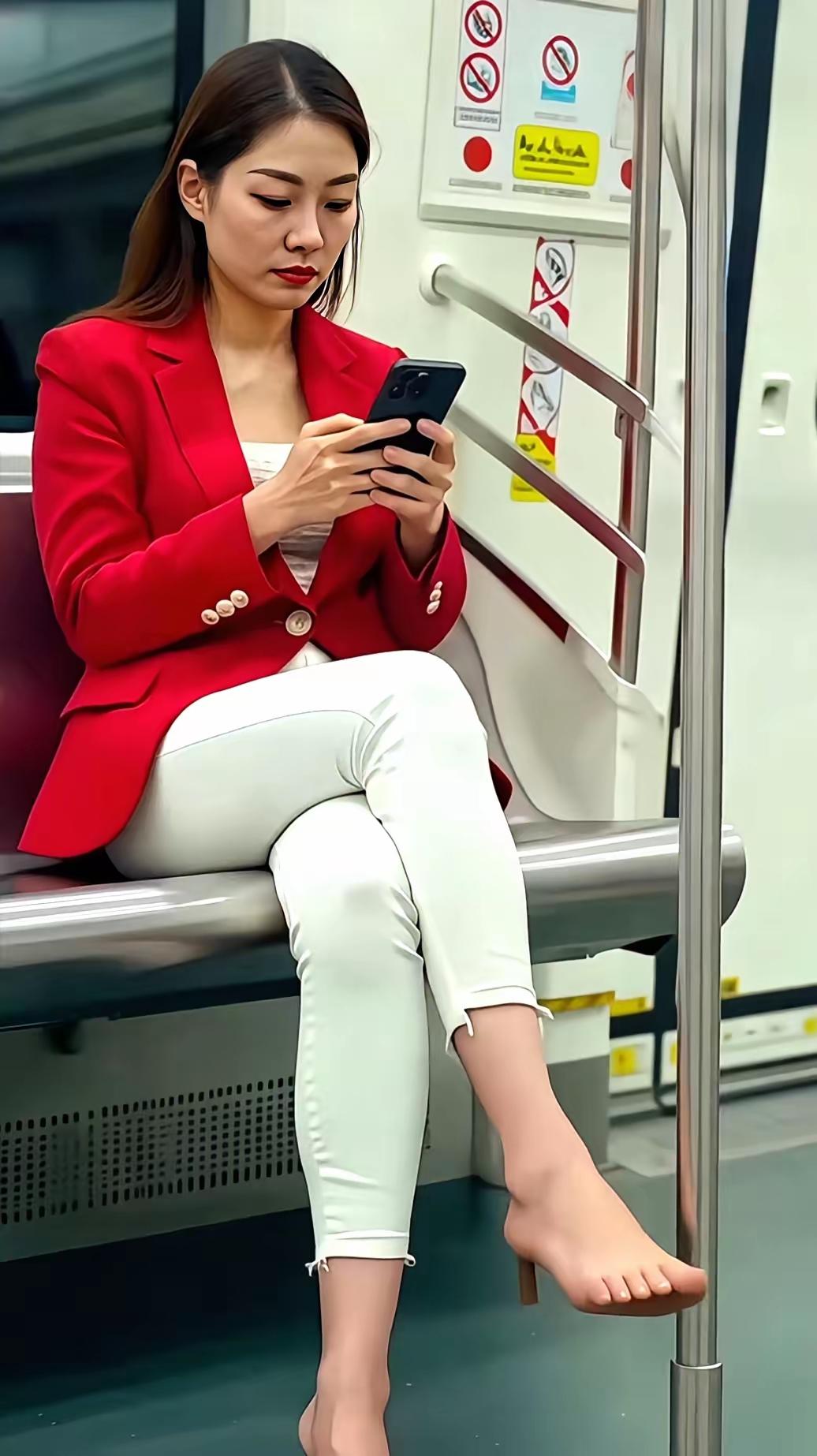 奇了怪了,找遍了这个身穿红色西装、白色裤子美女脚丫子的四周,就是没有看见鞋在哪里