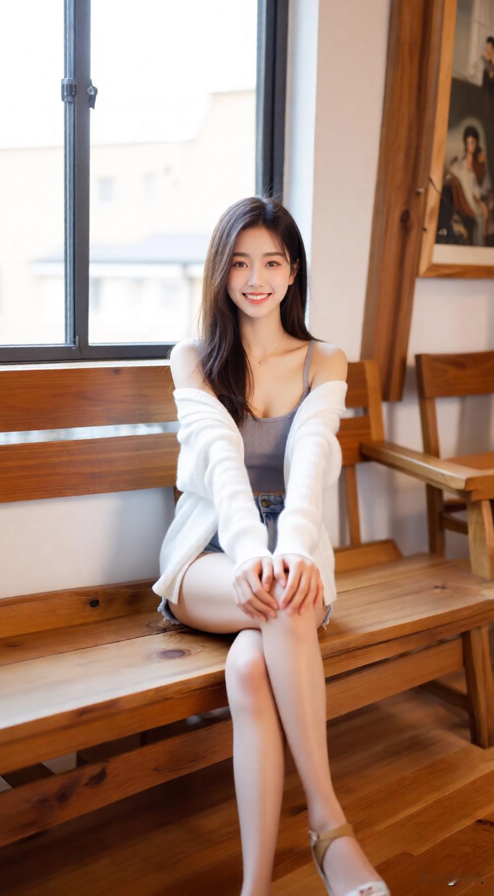 阳光洒进咖啡馆，甜美少女坐长椅