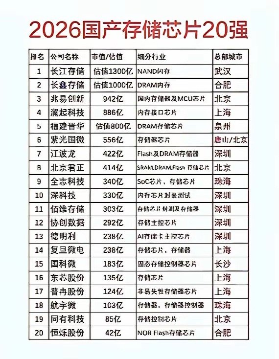 2026年国产存储芯片20强，一起来瞧瞧哪些公司榜上有名！2026年国产存储芯片